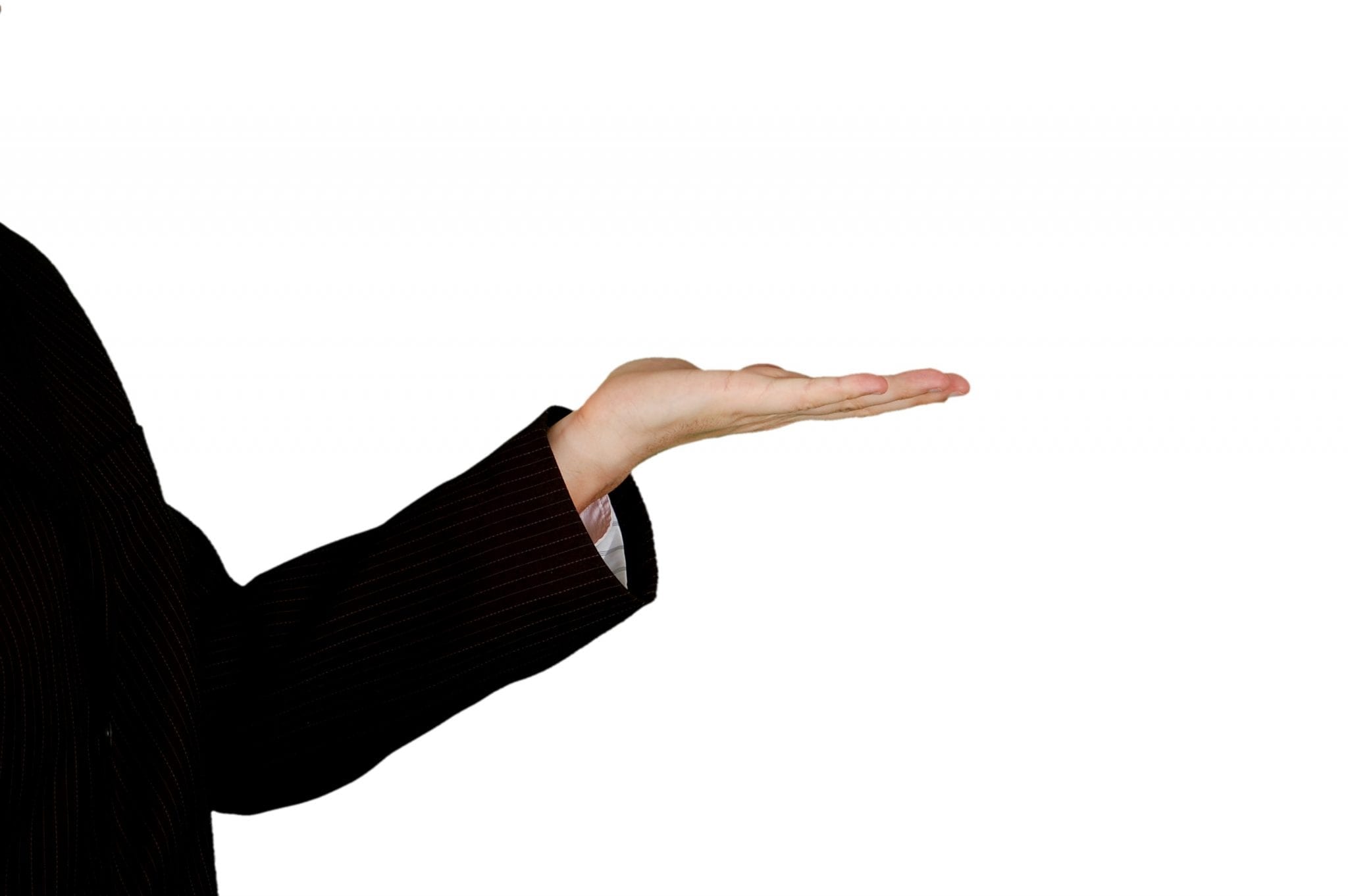 Outstretched arm with an empty flat hand